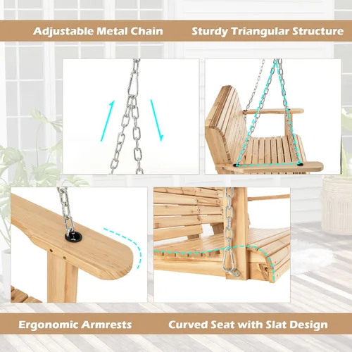 Vista 4 de Giantex Columpio colgante para porche al aire libre – Banco de columpio de madera de 2 asientos con portavasos plegable y cadenas colgantes de metal