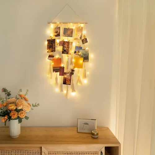 Vista 7 de Dahey Exhibición de fotos colgante para dormitorio, decoración de pared de macramé, marcos de fotos boho collage con 30 clips para colgar fotos