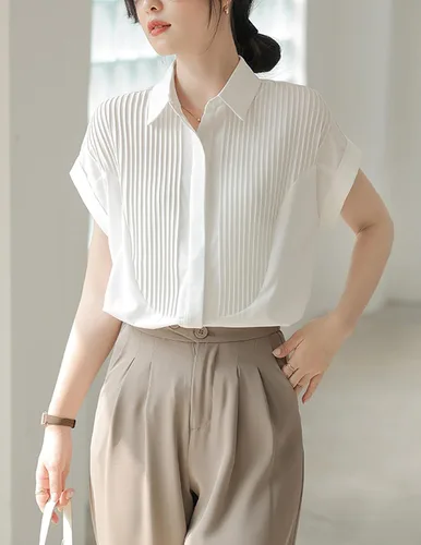 Vista 6 de Women's Vintage Solid White Button Down Shirt Casual Lapel Single Breasted Blouse for Office Work