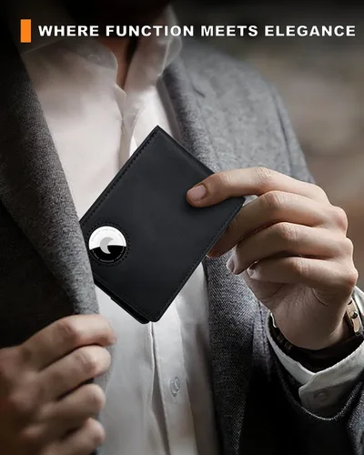 Vista 29 de Billetera AirTag para hombre, de piel auténtica plegable con bloqueo Rfid AirTag con ranuras para efectivo y ventana de identificación, compatible
