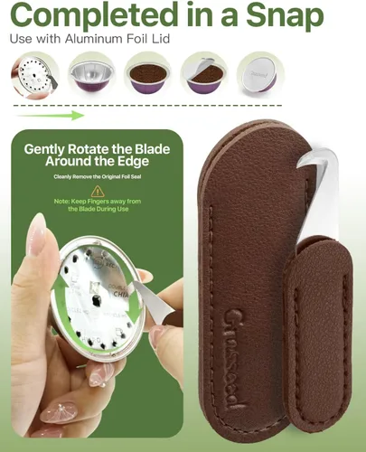 Vista 4 de Grasseed Abridor de tapas reutilizables para cápsulas Nespresso VertuoLine con 100 sellos de papel de aluminio para limpiar y rellenar cápsulas