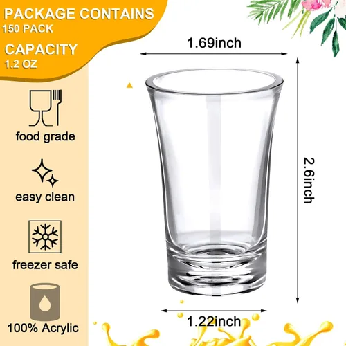 Vista 2 de Zubebe Juego de 150 vasos de chupito de acrílico de 1.2 onzas con base pesada, vasos pequeños redondos de plástico transparente, a granel