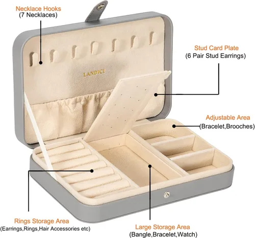 Vista 3 de LANDICI - Caja de joyería pequeña para mujeres y niñas, estuche organizador de joyería de viaje de cuero PU, soporte portátil para almacenamiento