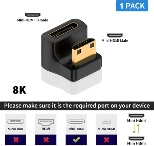 Vista 3 de Duttek Adaptador Mini HDMI de 180 grados 8K @60Hz, 48Gbps, en forma de U, adaptador extensor en ángulo mini HDMI en ángulo macho a hembra, luz LED