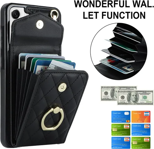 Vista 3 de Asuwish Funda de teléfono para Samsung Galaxy S21 FE 5G con protector de pantalla de vidrio templado y anillo cruzado con bloqueo RFID, tarjetero