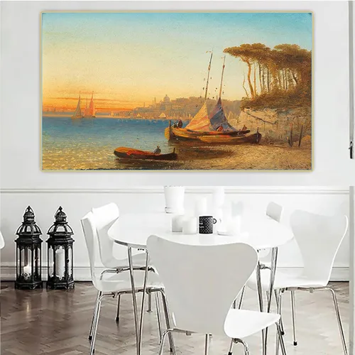 Vista 3 de Adolf Kaufmann "Motivo en la bahía de Ischia cerca de Nápoles" Cuadros famosa Impresión en lienzo. Cuadro de arte de pared de lienzo para decoración