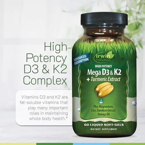 Vista 5 de Irwin Naturals Mega D3 y K2 de alta potencia + extracto de cúrcuma — 60 geles blandos líquidos