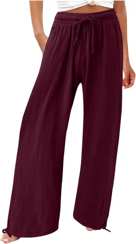 Vista 25 de SHAOBGE Pantalones palazzo de verano para mujer, cintura alta, pierna ancha, casual, cintura elástica, pantalones de playa con bolsillos