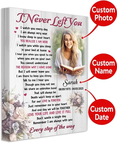 Vista 2 de NQDNKUIN Lienzo personalizado con texto en inglés "I Never Left You", regalo conmemorativo de duelo y condolencia de esposa, madre, abuela, hija