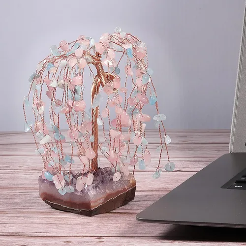 Vista 3 de SUNYIK Juego de árbol de dinero de cristal curativo de cuarzo rosa y aguamarina sobre base de racimo de amatista, adorno de Feng Shui, decoración