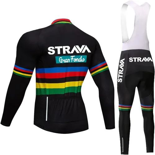 Vista 26 de Conjunto de ropa de ciclismo para hombre, manga larga, jersey de ciclismo con cremallera, bolsillo, traje de bicicleta, pantalones con babero de gel