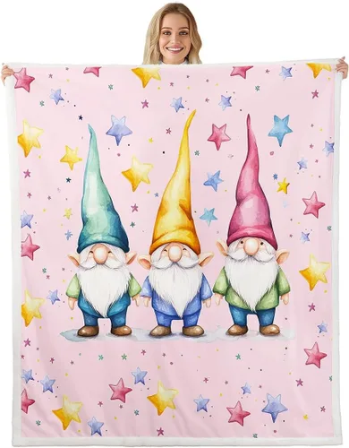 Vista 8 de Erosebridal Cartoon Gnomes Fleece Blanket,Dwarf Throw Blanket 40x50 Inch for Bedroom Living Rooms Sofa Couch,Colorful Stars Sherpa