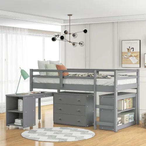 Vista 10 de Base de cama baja de madera con escritorio portátil rodante, cama alta individual con armario abierto y cajones, cama baja con estante para niños