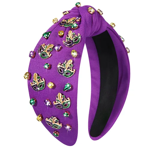 Vista 12 de Diadema de Mardi Gras para mujer, diadema de corona de flor de lis, diadema morada con diamantes de imitación y nudo superior, accesorios