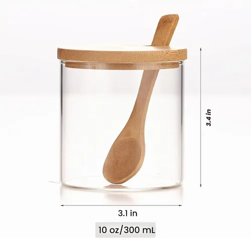 Vista 6 de Tarro de vidrio transparente de 10.1 fl oz/10 onzas con tapa de bambú y cuchara de madera, lindo recipiente de almacenamiento de sal de baño