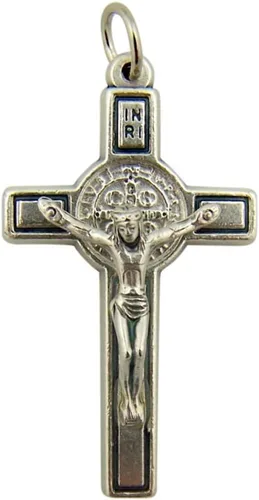 Vista 2 de Lumen Mundi San Benito Crucifijo de Plata Oxidada, tamaño pequeño, 34 pulgadas, regalo católico pequeño