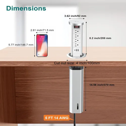 Vista 12 de Toma de corriente desplegable para encimera con PD de 20 W USB-C, toma de escritorio empotrada con cargador inalámbrico de 10 W, 4 salidas de CA, 3