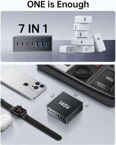 Vista 7 de Estación de carga USB C, estación de carga rápida GaN III de 7 puertos de 140 W, estación de carga USB PD 3.0 para múltiples dispositivos