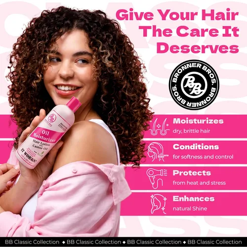 Vista 2 de Bronner Bros Loción hidratante de aceite para el cabello con 10,000 mg de aceite de ricino y aloe vera, hidratante ligero y no graso para el cuero