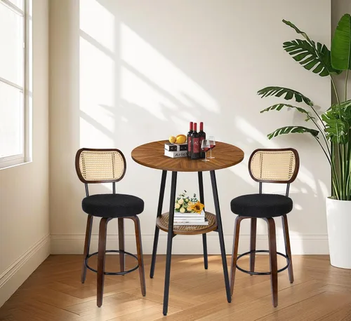 Vista 6 de Juego de 2 taburetes de bar de ratán, taburetes de bar giratorios de altura de mostrador con respaldo, sillas de cocina tapizadas de granja con Negro