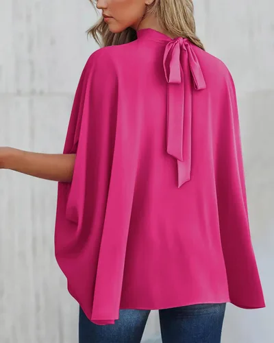 Vista 64 de BTFBM Blusas de verano para mujer, cuello alto falso, manga murciélago, holgadas, dobladillo alto y bajo, blusas informales de gran