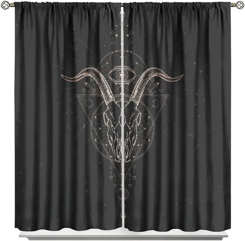 Vista 7 de BAEKJIN Cortinas de cabeza de cabra, diseño de calavera malvada, bruja, símbolo misterioso, bolsillo para barra, cortinas opacas para ventana, juego