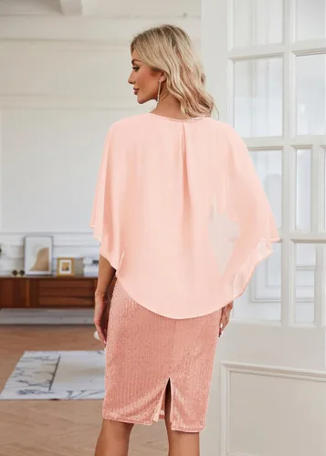 Vista 2 de Hanna Nikole Vestidos de lentejuelas para mujer, de gasa, con volantes, manga de capa, para fiesta, club, cóctel