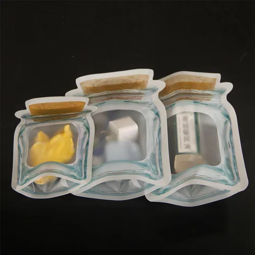 Vista 2 de 20pcs Stand Up Clear Front Cork Mason Jar Pattern Zipper Bag Plastic Ziplock Pouch Portable Bottle Shape Food Preservation Proof Olor Bolsas
