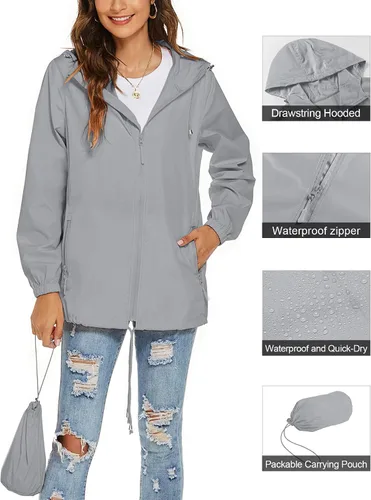 Vista 2 de Avoogue Chaqueta impermeable para mujer, ligera, transpirable, con capucha, rompevientos activos con bolsillo