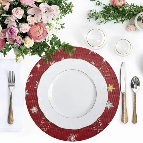 Vista 5 de Mantel individual rojo con copos de nieve blancos, antideslizante, resistente al calor, para cocina, talla 1 x 1
