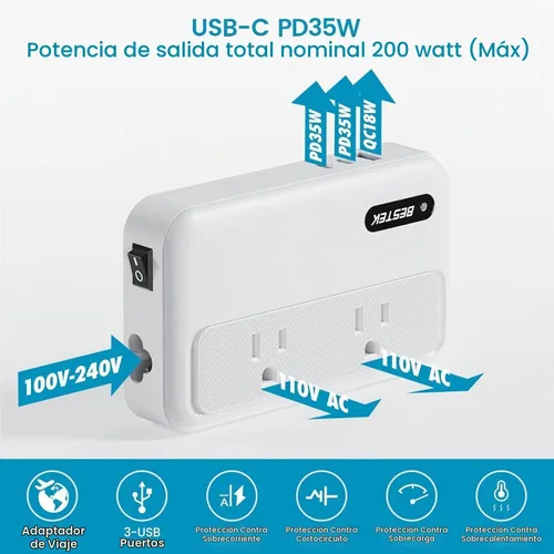 Vista 6 de BESTEK Convertidor de 220 V a 110 V con USB C de 35 W, convertidor de voltaje pico de CA de 300 W de EE. UU. a Europa, adaptador de viaje universal