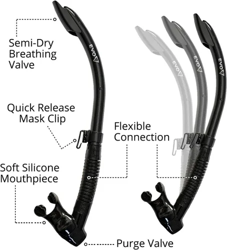 Vista 2 de EVO Snorkel semi seco de vapor - Equipo de snorkel - Snorkel para máscara de snorkel - Equipo de snorkel - Snorkel de buceo Negro