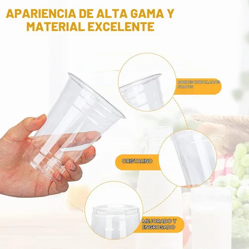 Vista 2 de TashiBox vasos de plástico con tapas [12 onzas 100 vasos y 100 tapas planas], vasos desechables de plástico transparente, vasos para batidos