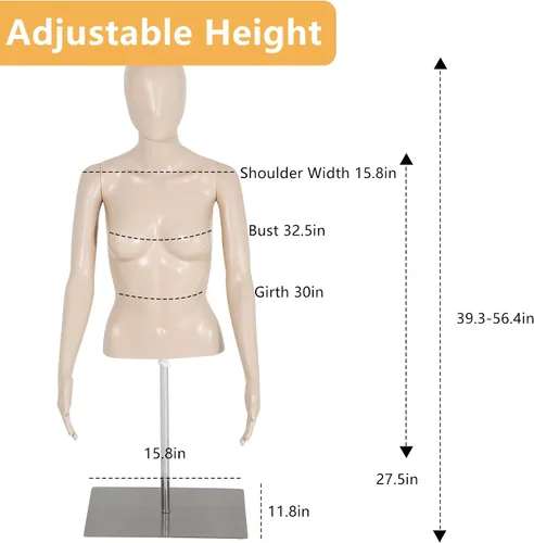 Vista 7 de Maniquí de costura femenino de 39 a 56 pulgadas, maniquí de medio cuerpo ajustable con base de metal, soporte de maniquí para ropa de exhibición