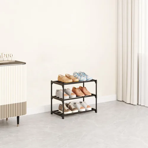 Vista 3 de Organizador de zapatos pequeño apilable de metal, estantes estrechos para armarios de entrada, zapatero con asa (3 niveles negro)