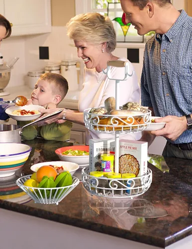 Vista 8 de Plato de 2 niveles y frutero – Almacenamiento de frutas y verduras con colgador de árbol de plátano y mango de madera, cesta de frutas para encimera