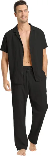 Vista 3 de RPOVIG Conjunto de camisa de lino y pantalones conjuntos de lino de 2 piezas para hombre, camisas de manga corta, pantalones de yoga, trajes
