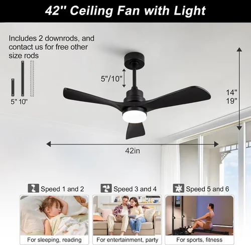 Vista 3 de Ventiladores de techo negros de 42 pulgadas con luces y control remoto, luz LED regulable, 3 cuchillas de madera, función de memoria, motor CC
