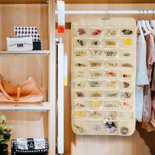 Vista 4 de Bloss Organizador colgante de joyas con 80 bolsillos, colgador de joyas de doble cara para almacenamiento de joyas y aretes, organizadores de joyas