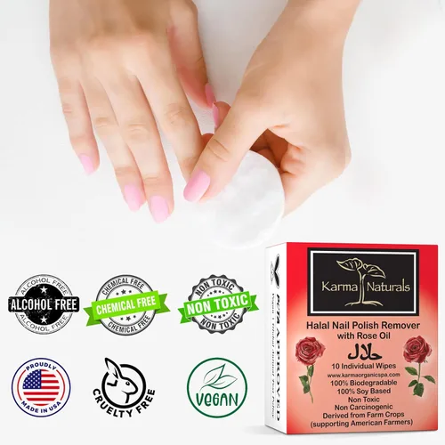 Vista 7 de Karma Halal - Toallitas removedoras de esmalte de uñas con aceite de rosa; no tóxicas, veganas, libres de crueldad, paquete de 10