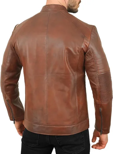 Vista 4 de Lambskin Leather Jacket for Men - Vintage Distressed Brown Biker Coat