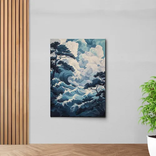 Vista 2 de Canvas Print Canvas Framed Canvas Wall Art Wood Panel Retro Wave Art A Storm Wall Art Print Sea Wave In The Night And Trees Stormy Waves Art Canvas