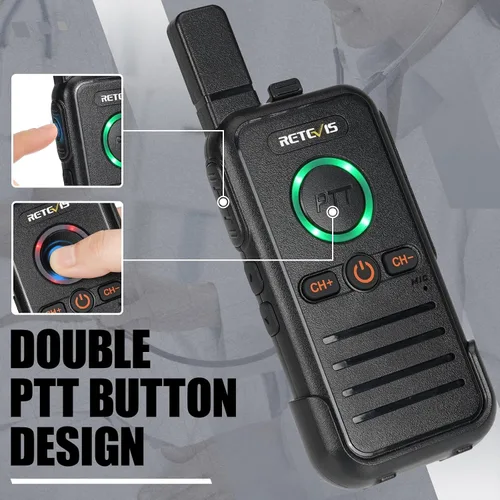 Vista 2 de Retevis RB45 Walkie Talkies - Paquete de 8 unidades, radio bidireccional recargable de largo alcance, doble PTT, indicador, sonido fuerte, mini