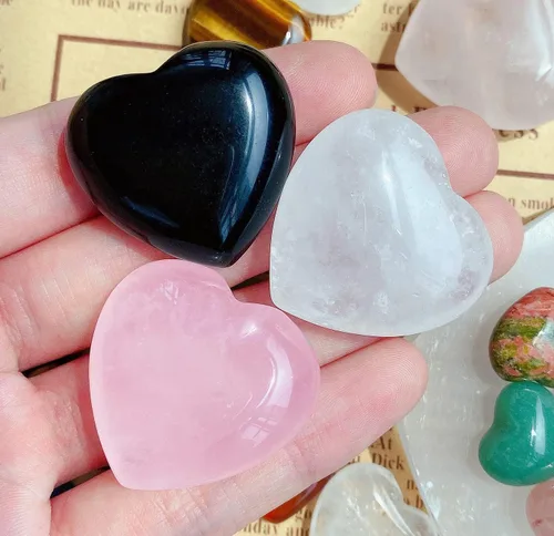 Vista 3 de QINJIEJIE 3 piezas de cristales de corazón grandes de 1.2 pulgadas, cuarzo rosa, obsidiana, transparente, natural, curativo, piedras