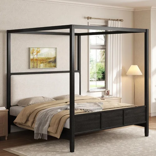 Vista 14 de Cama de plataforma con dosel de 4 pósteres de tamaño matrimonial con cabecero de listones verticales Negro-8.1