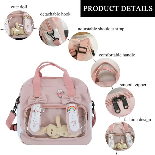 Vista 4 de Extolove Linda bolsa de mensajero, mochila kawaii, bolsa cruzada japonesa bolsa estética bolsa Ita bolsa con accesorios Kawaii