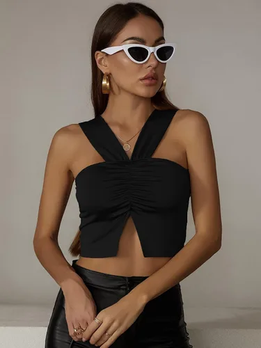 Vista 3 de SheIn Top sin mangas con abertura fruncida, sin mangas, para mujer