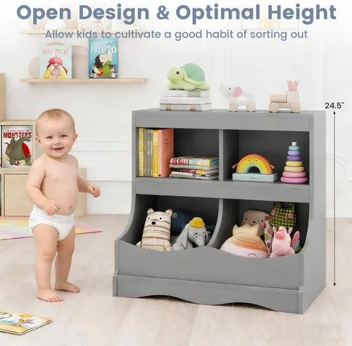 Vista 3 de Costzon Organizador de almacenamiento de juguetes, estantería para niños de 4 compartimentos con estribo y tarjeta de nombre, estantería de madera