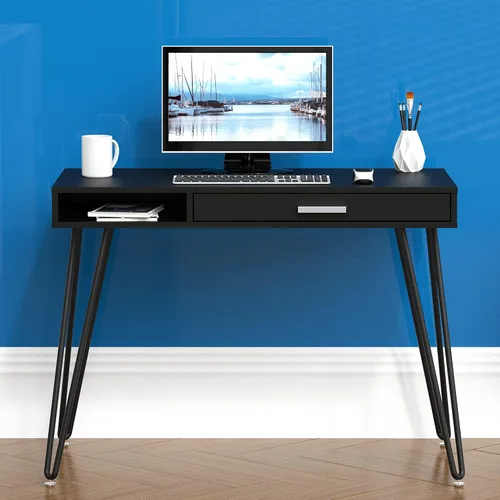 Vista 2 de SHW Escritorio de patas con horquilla para computadora de oficina en casa con cajón, color negro