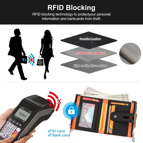Vista 5 de gzcz Billeteras para hombre con cadena de cuero genuino plegable para hombre Rfid bloqueo monedero con tarjeta de crédito, BP901-Negro con Naranja